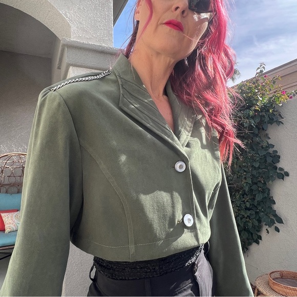 Upcycled army green silver chain blazer - Picture 3 of 7